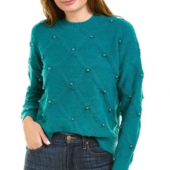 NEW Nanette Lepore Small Women Pullover Pearl Sweater In Deep Lake Cropped 2-12 - Picture 3 of 11